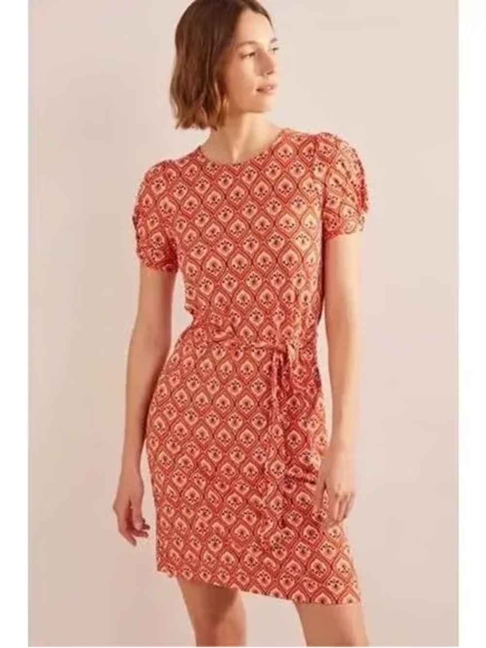 Boden Knot Detail Jersey Mini Dress Kumquat Geo Cascade Tile Boho 4R NWOT